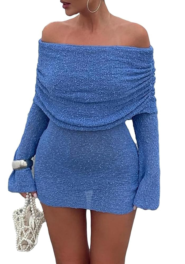 Unybwonn Women's Off Shoulder Mini Short Dress Bodycon Long Sleeve Crochet Sexy Going Out Mesh El... | Amazon (US)