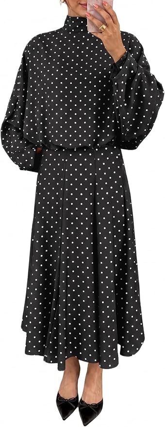 Wenrine Womens 2 Piece Outfits Polka Dots Elegant Tie Fall Maxi Skirt Sets | Amazon (US)