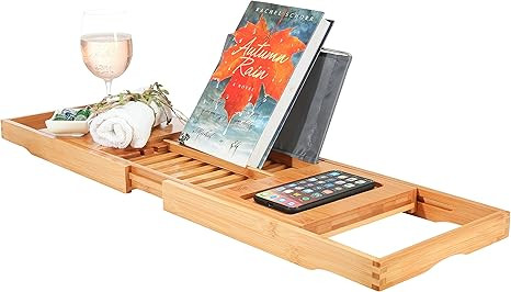 Bambüsi Premium Bamboo Bathtub Tray Caddy - Wood Bath Tray Expandable with Book, Wine Holder - I... | Amazon (US)