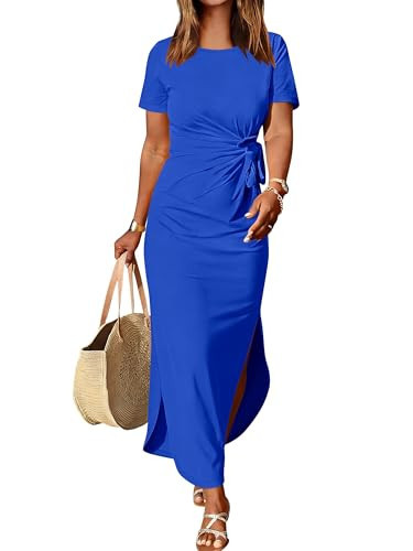Prinbara Womens Summer Midi Dress Casual Short Sleeve Tie Waist Split Long Tshirt Dresses 2026 Spring Vacation Cruise Clothes Royal Blue Small | Amazon (US)