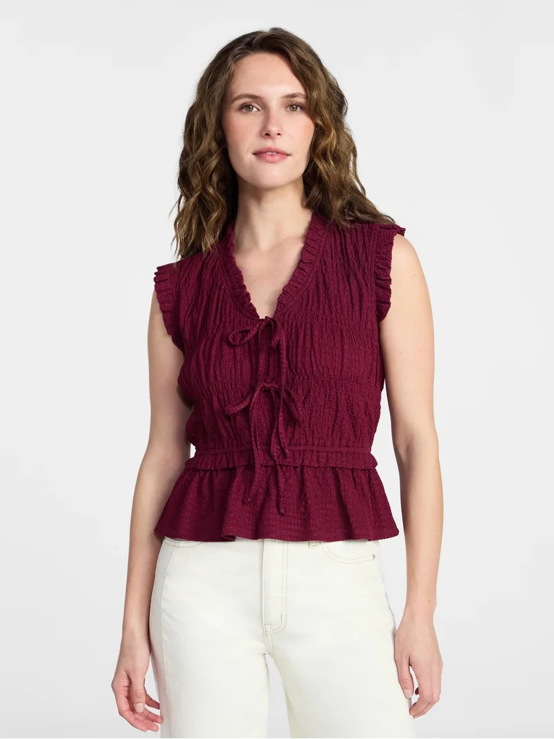 Time and Tru Women's Textured Tie Front Top, Sizes XS-XXXL | Walmart (US)