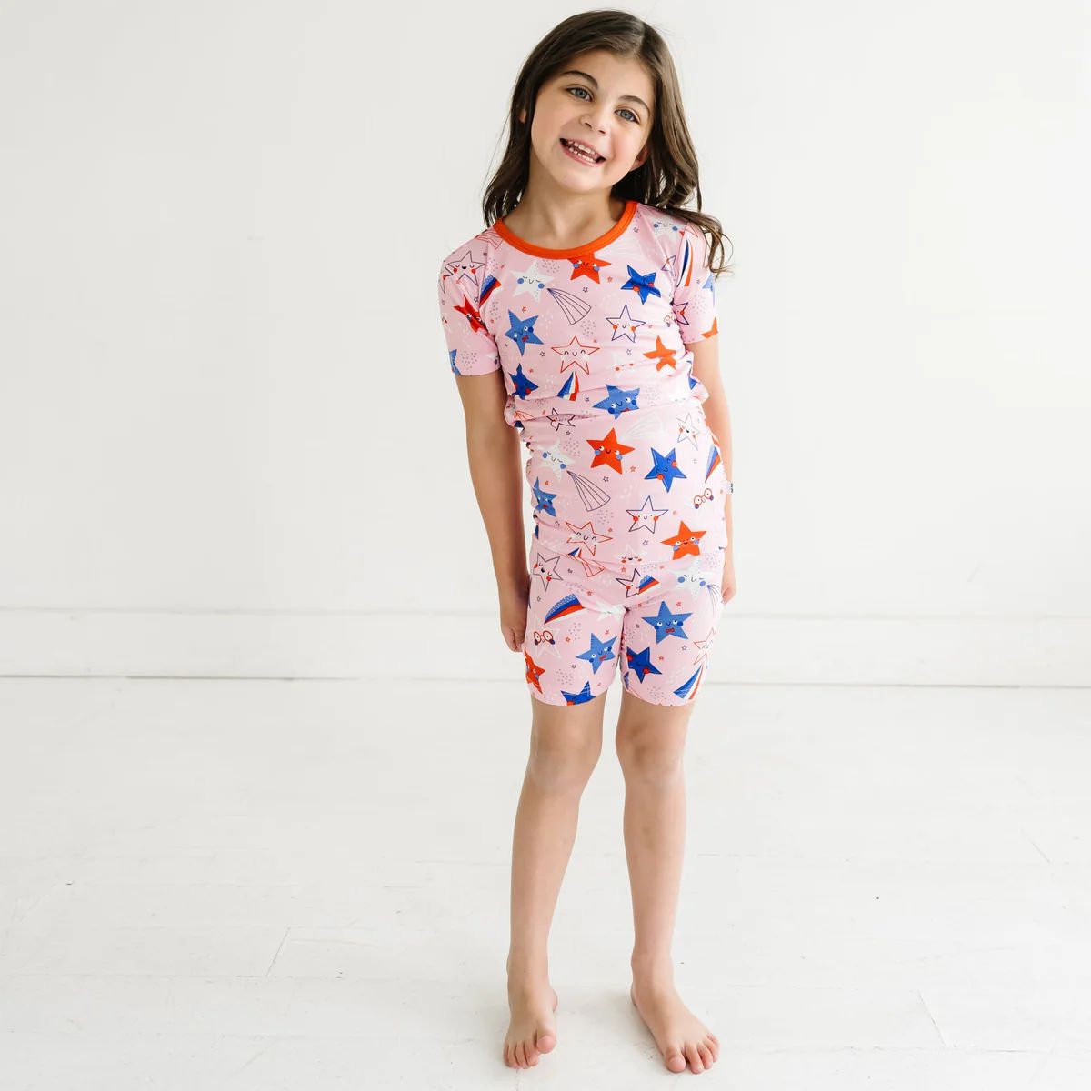 Pink Stars & Stripes Two-Piece Short Sleeve & Shorts Bamboo Viscose Pajama Set | Little Sleepies