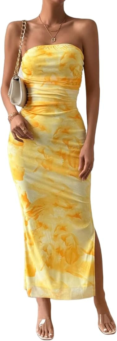 Women's Summer Dress | Printed, Strapless, Tube Dress, Bodycon, Maxi Dress, Side Slit, Mesh Layer... | Amazon (US)
