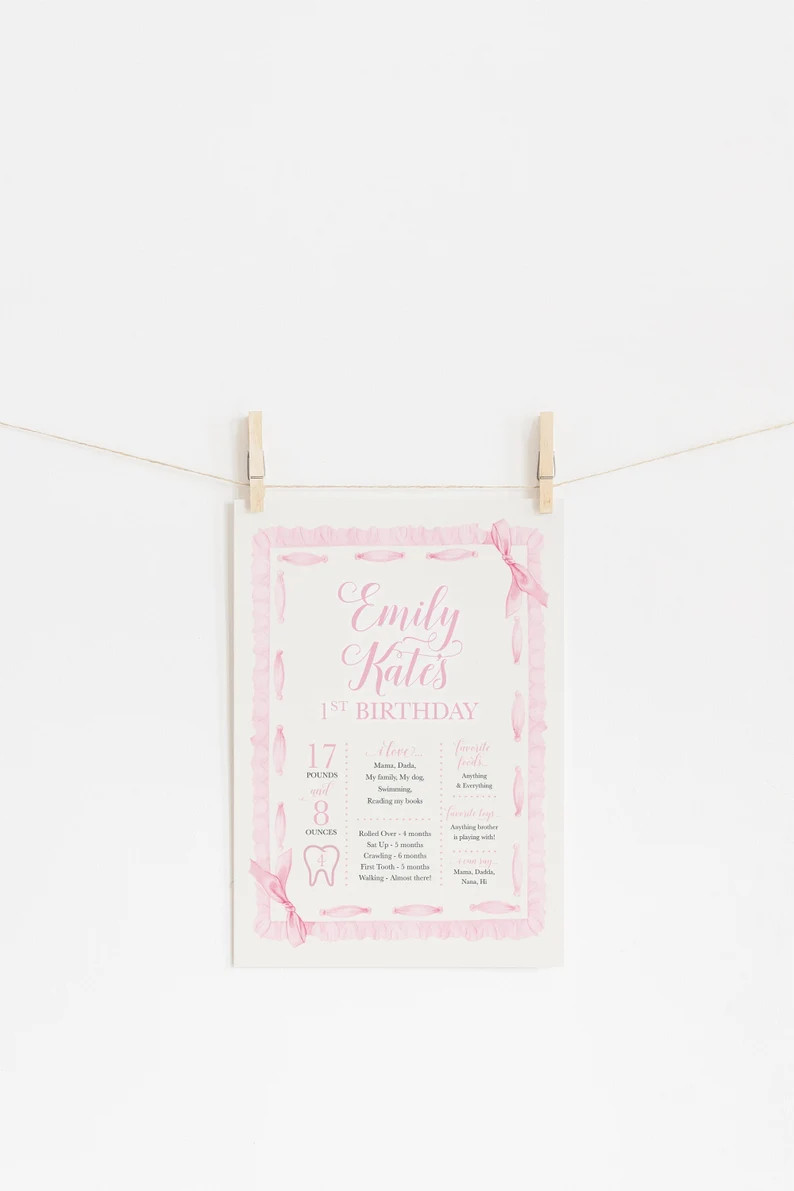Girl 1st Birthday Milestone Poster - Watercolor First Birthday Milestone Sign - Pink Bow Sign - 1... | Etsy (US)