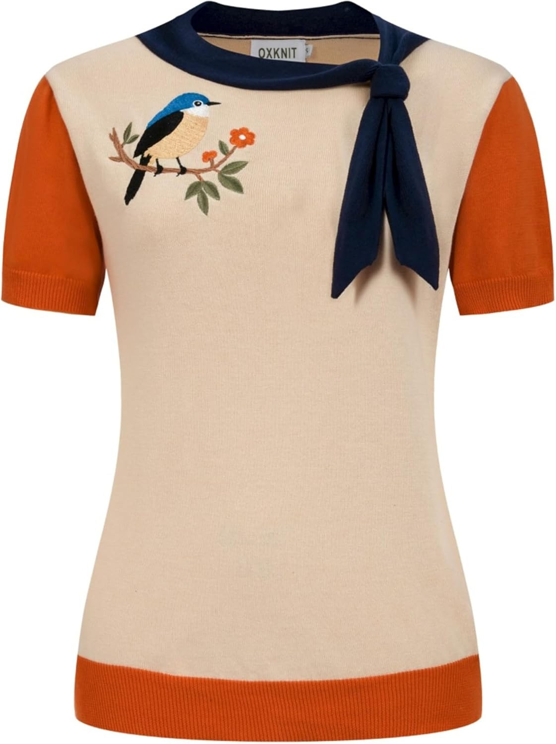 OXKNIT Women's Knit Short Sleeve T-Shirt Retro Embroidery Bird Pattern Crewneck Apricot Tops Knitwear with Decor Tie | Amazon (US)