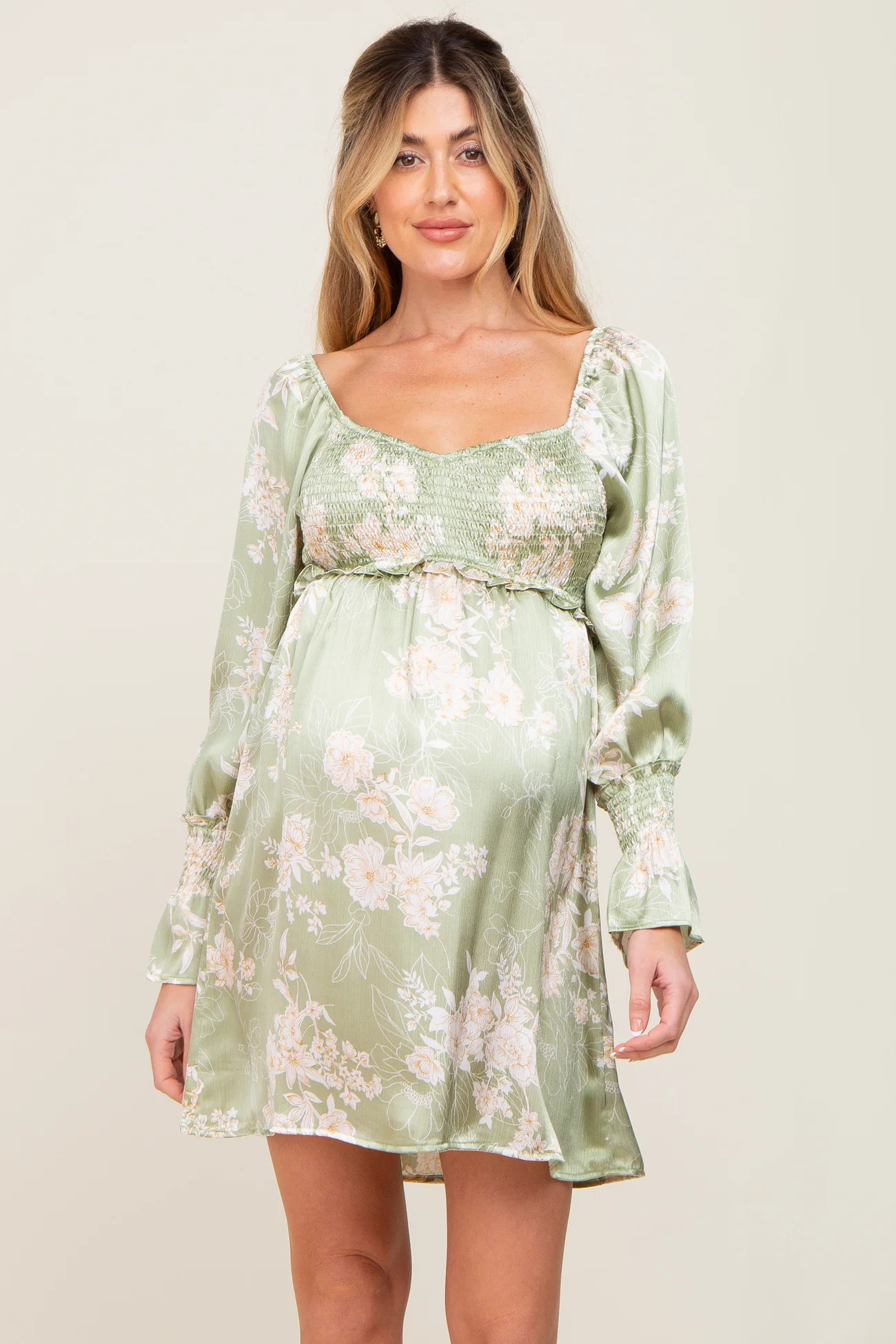 Light Olive Floral Satin Ruched Top Maternity Dress | PinkBlush Maternity