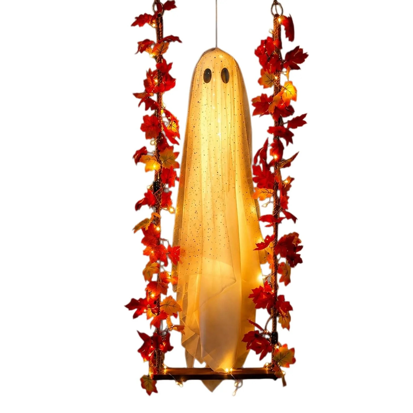 Hanging Halloween Light-Up Ghost on Wooden Swing with Maple Leaf Garland, Battery-Operated LED Wh... | Walmart (US)