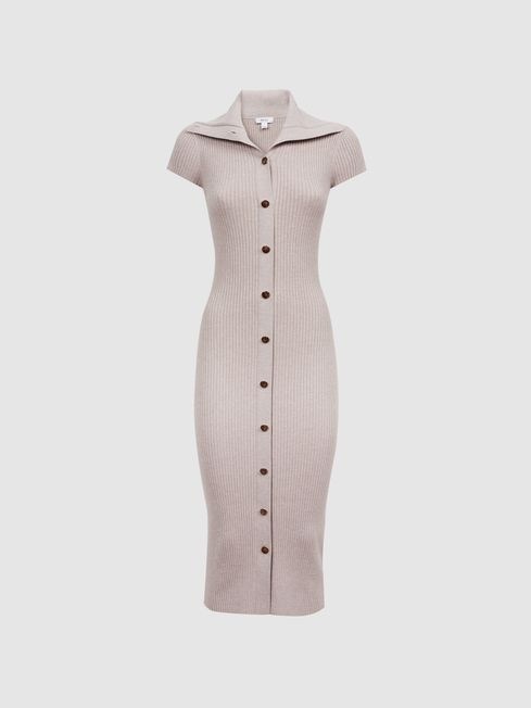 Reiss Neutral Megan Knitted Ribbed Midi Dress | Reiss US