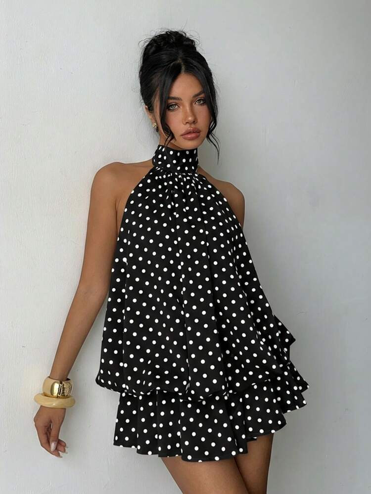 Aloruh Women's Elegant Polka Dot Print Halter Backless Mini Dress | SHEIN