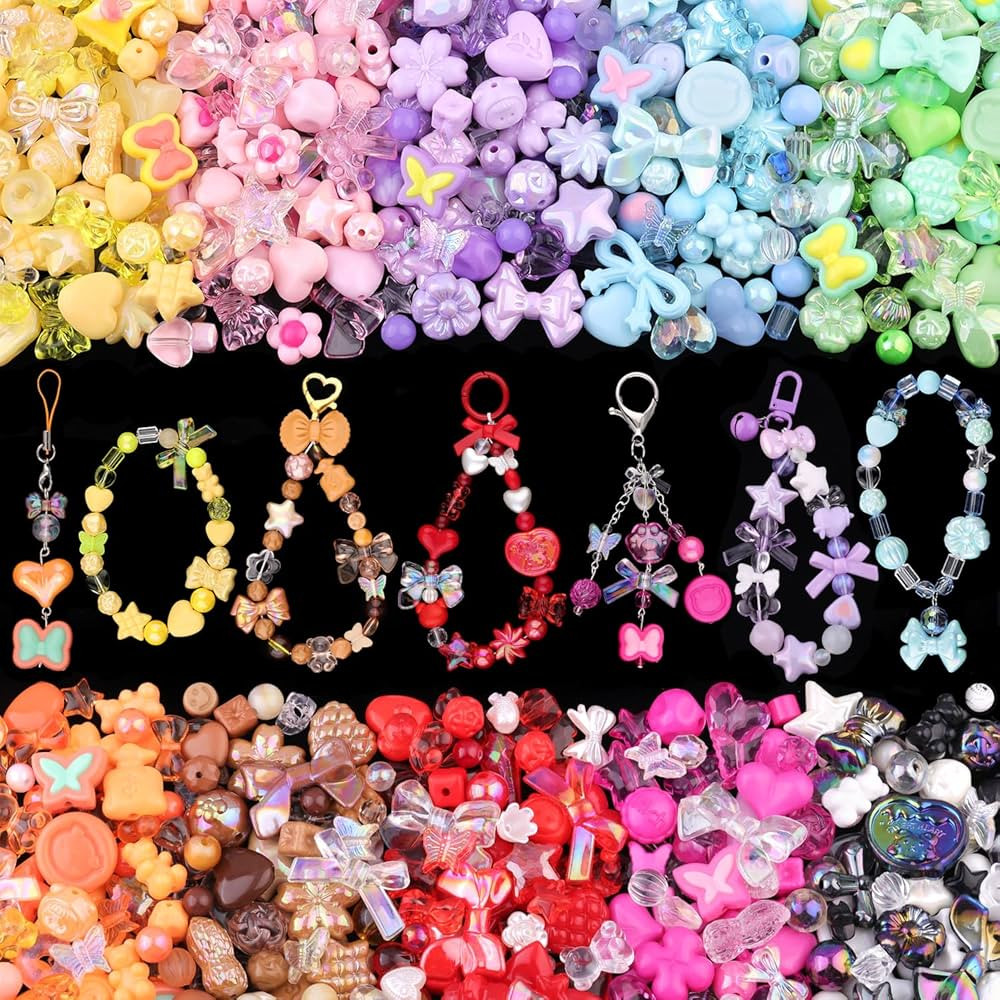 Assorted 500PCS 10 Colors Mixed Acrylic Beads for Bracelet Making, Flower Bow Butterfly GummyBear... | Amazon (US)