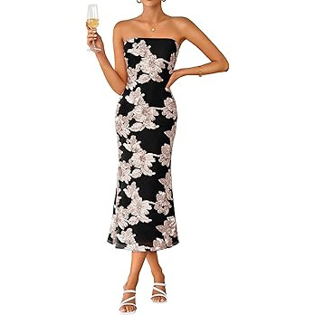 ZESICA Women's Summer Strapless Floral Midi Dress 2026 Bodycon Mesh Tube Wedding Guest Cocktail P... | Amazon (US)