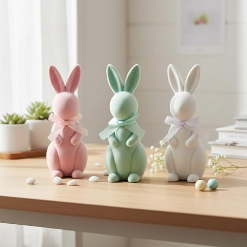 CynynYxy 3pcs Flocked Bunny Figurines, 5.5in Easter Bunny Decor with Ribbon Bow, Colorful Resin Rabbit Decor for Home, Spring Table Centerpieces, Easter Table Decor(Colorful) | Amazon (US)