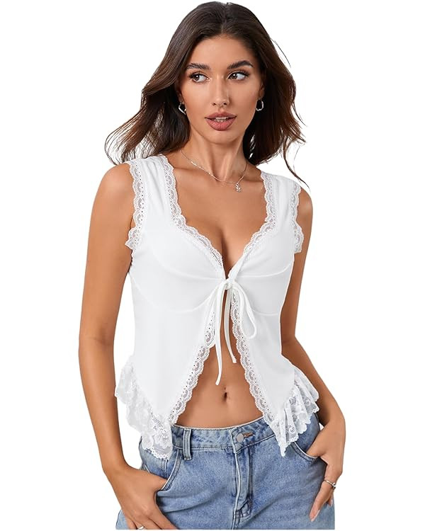 OYOANGLE Women's Summer Casual Tie Front Top Sleeveless V Neck Lace Trim Going Out Crop Blouse | Amazon (US)