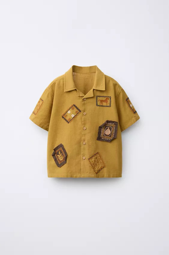 COTTON LINEN BLEND BOWLING SHIRT WITH PATCHES | Zara US