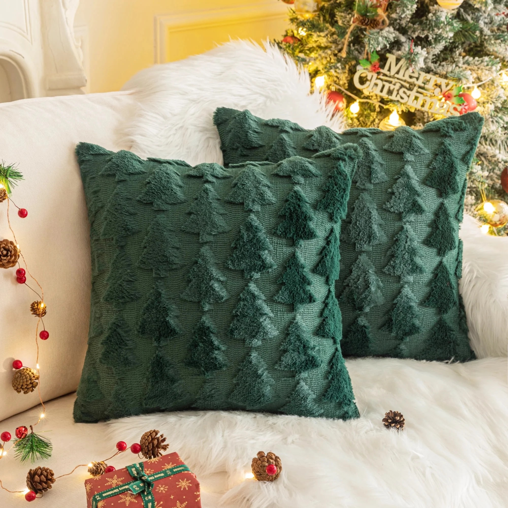 Set of 2 Christmas Tree Throw Pillow Covers, Soft Faux Fur Decorative Xmas Throw Pillows for Couc... | Walmart (US)