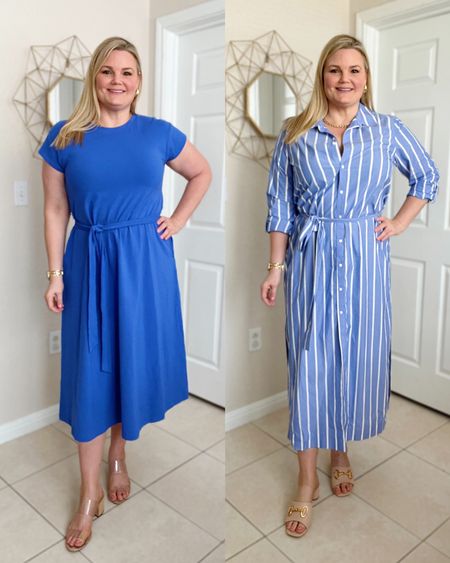 New dresses from Macy’s On 34th collection! Both run a little big. I’m in the medium in the left dress and a large in the striped dress but could do the medium. Midi dresses. Workwear. Blue  

#LTKcurves #LTKunder100 #LTKworkwear