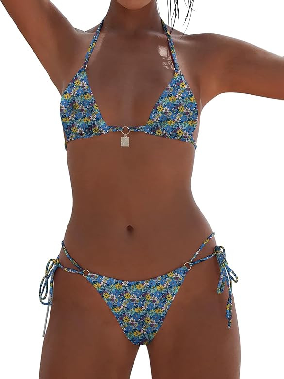 Women's Floral Bikini Halter Two Piece Sexy Swimsuit String Tie Side Triangle Swimwear Bathing Su... | Amazon (US)
