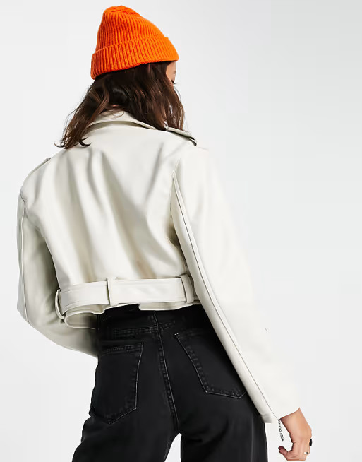Topshop faux leather cropped biker jacket in ecru | ASOS (Global)