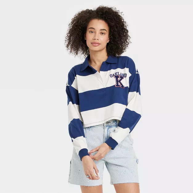 Women's Oakland Long Sleeve Striped Graphic Polo T-Shirt - White | Target