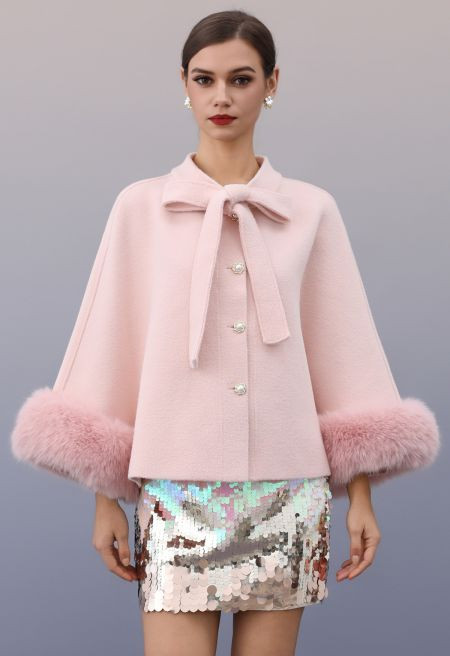 Faux Fur Cuffs Bow-Tie Button Knit Cape Coat in Pink | Chicwish
