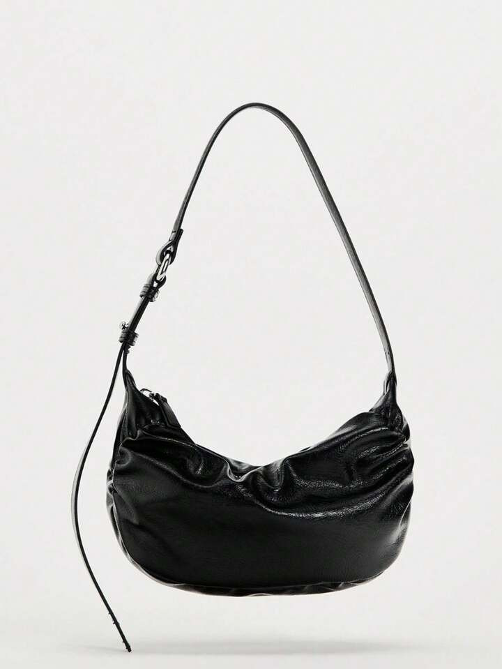 2024 Spring New Arrival Women's Red Casual Shoulder Bag, Elliptical With Pleats Design, Underarm Bag, Tready Crescent Moon Bag For Women | SHEIN