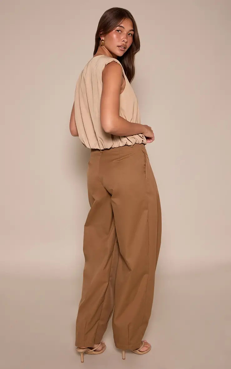 Camel Woven Pleated Balloon Trousers | PrettyLittleThing USA | PrettyLittleThing US