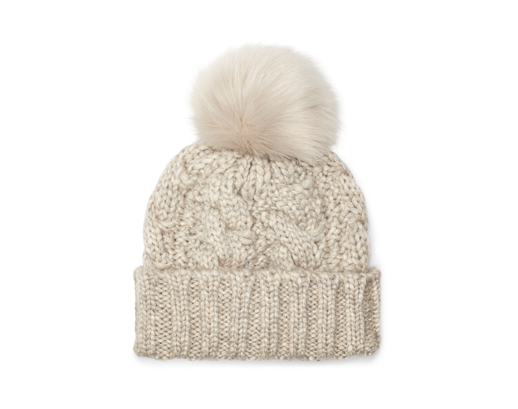 UGG Women's Knit Cable Beanie Faux Fur Pom Wool Blend Hats in Light Grey | UGG (US)
