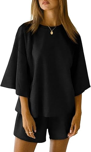 Tankaneo Womens Pajama Sets 3/4 Sleeve Oversized Tops and Elastic Waist Shorts Lounge Sets Lounge... | Amazon (US)