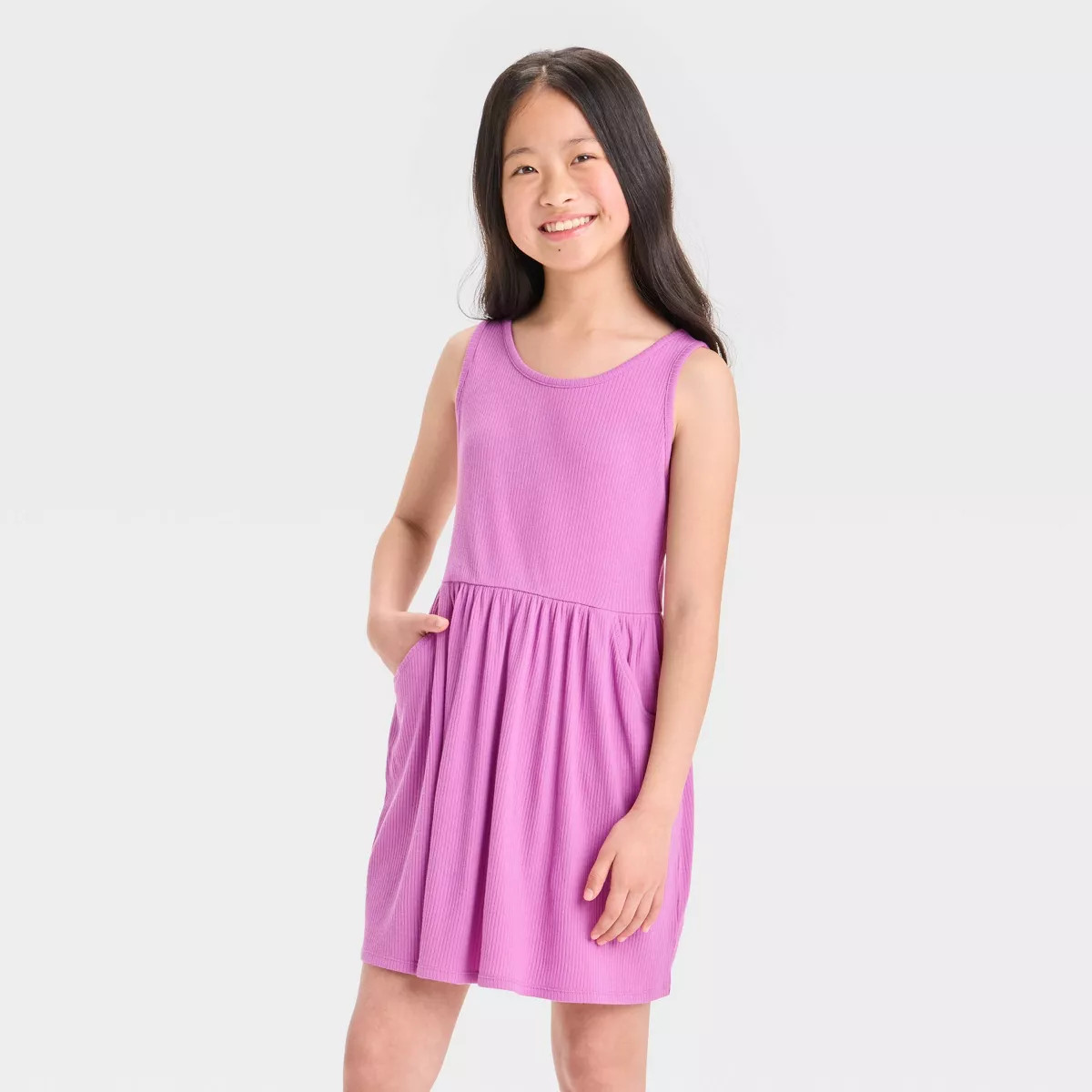 Girls' Ribbed Tank Dress - Cat & Jack™ Light Olive Green L Plus: Sleeveless Skater with Side Po... | Target