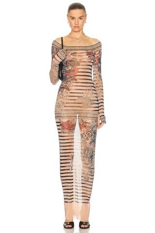Jean Paul Gaultier Printed Mariniere Tattoo Long Boat Neck Dress in Nude, Blue, & Red | FWRD | FWRD 