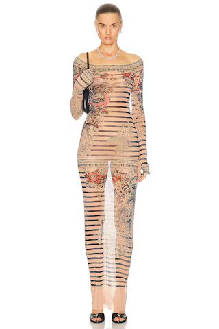 Jean Paul Gaultier Printed Mariniere Tattoo Long Boat Neck Dress in Nude, Blue, & Red | FWRD | FWRD 