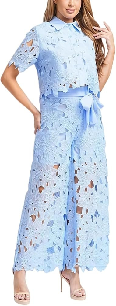 2026 Women's Two-Piece Floral Lace Lapel Vest Top & Wide Leg Pants Set Sleeveless Cropped Hollow ... | Amazon (US)