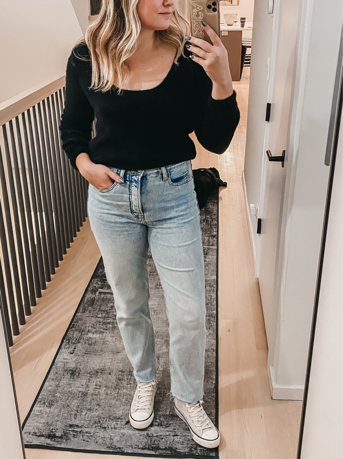 Casual dinner outfit.
Fuzzy Black Sweater.
My FAVORITE straight leg jeans. (True to size! Under $50! And on sale!)
The best faux leather high top sneakers. Under $25! I’m normally an 8.5 and got an 8 in these.

#LTKSeasonal #LTKshoecrush #LTKunder50