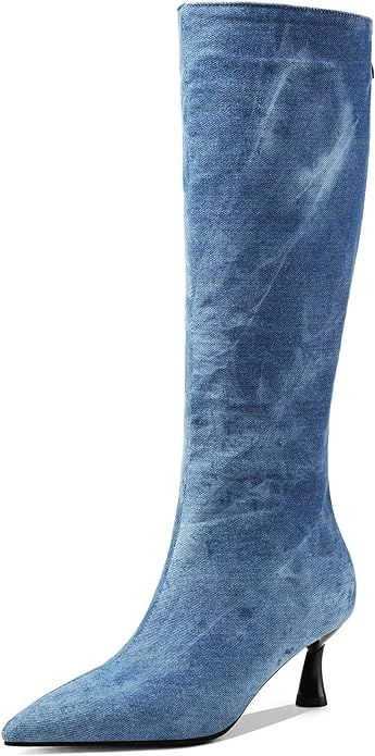 Women's Blue Denim Boots Kitten Heels Pointed Toe Mid Calf Boots Zip Up Stretch Knee High Boots | Amazon (US)
