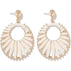 Gold Raffia Earrings Boho Summer Beach Jewelry Trendy Statement Dangle Drop Earrings for Women | Amazon (US)