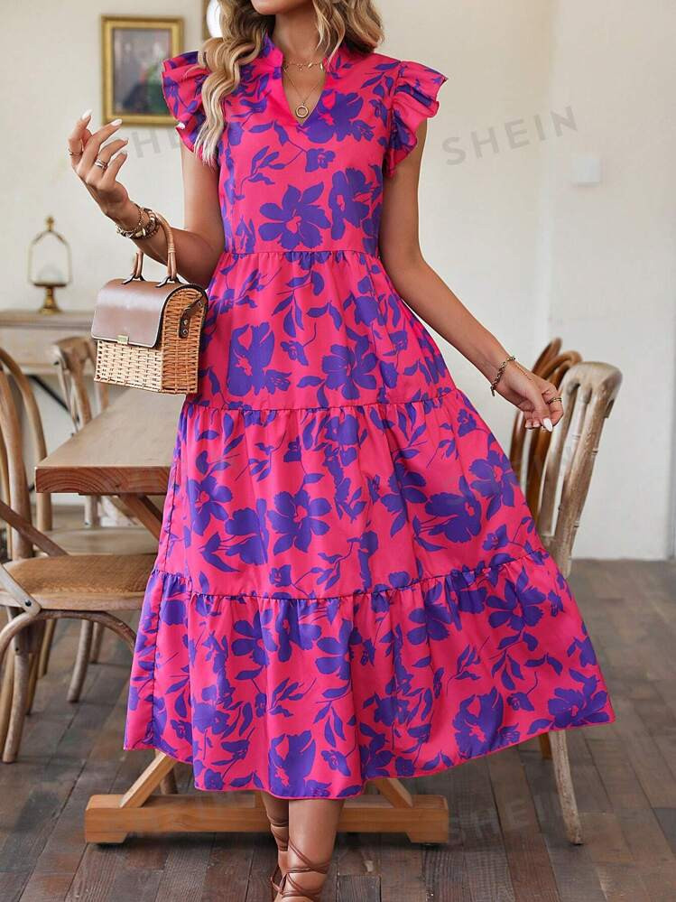 SHEIN LUNE Floral Print Butterfly Sleeve Ruffle Hem Smock Dress | SHEIN USA | SHEIN