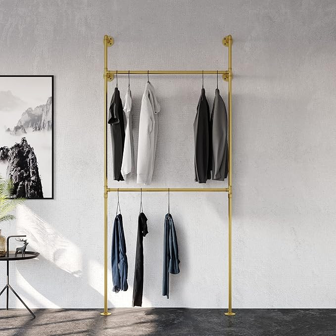 pamo Industrial pipe clothing rack metal gold - Wall mounted clothes racks for hanging clothes - ... | Amazon (US)