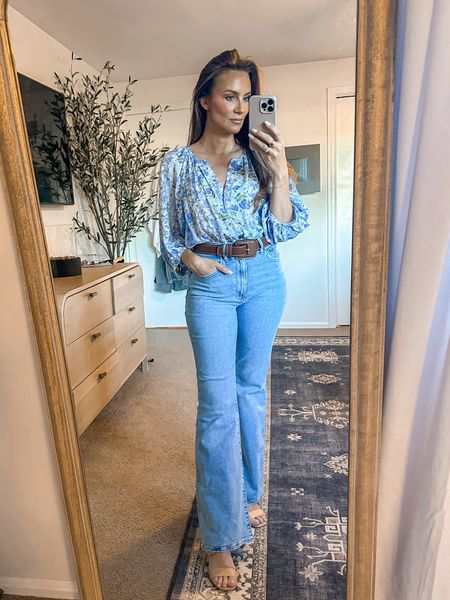 Outfit inspired by Parisian spring florals from Sezane. Top and heels are on sale! High waist flare denim from Abercrombie is almost sold out  

#LTKshoecrush #LTKfindsunder50 #LTKsalealert