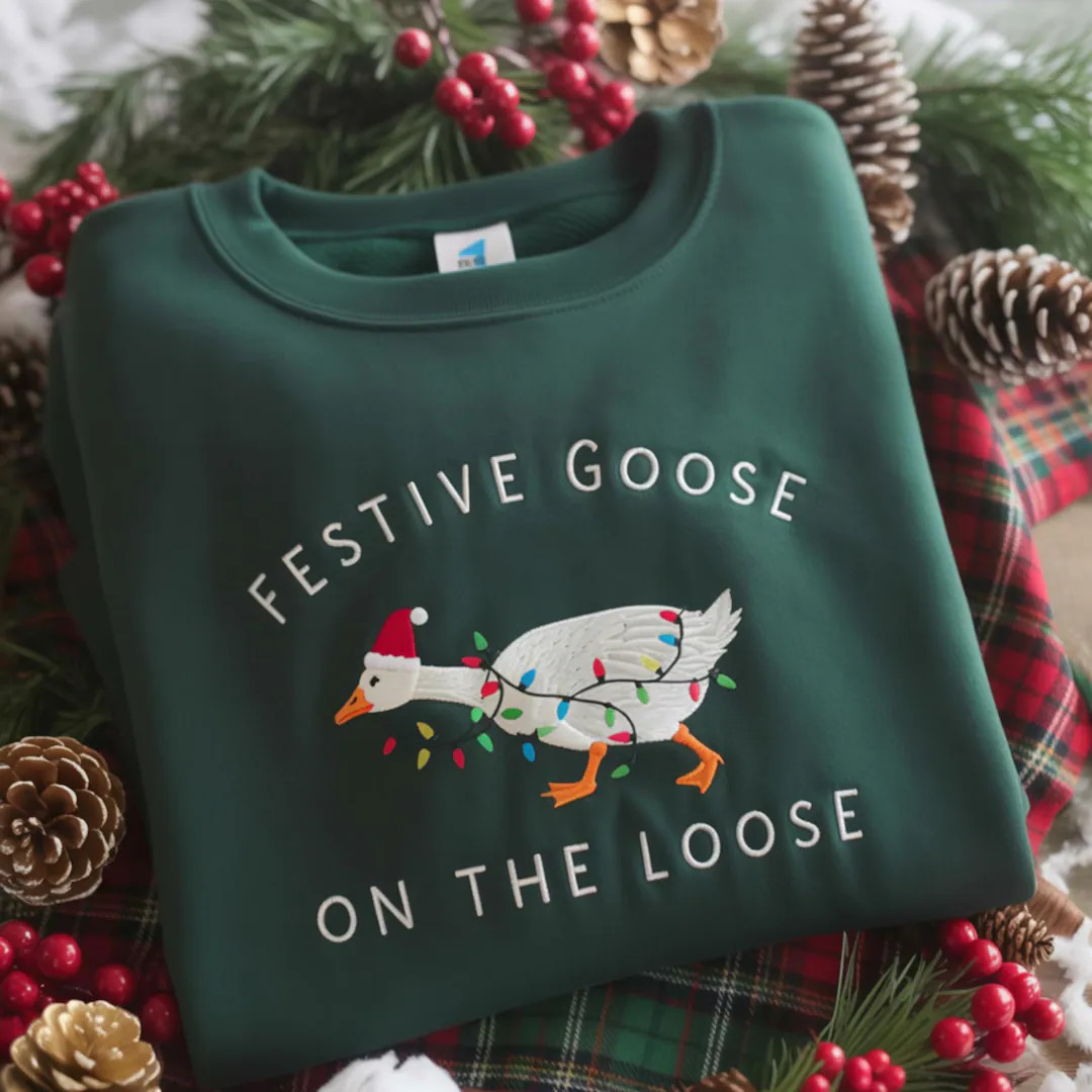 Festive Goose on the Loose Sweatshirt, Funny Christmas Goose Shirt, Embroidered Holiday Crewneck,... | Etsy (US)