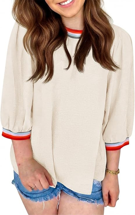 Tankaneo Womens Crew Neck Tunic Tops Casual Loose Fit Color Block Blouse 3/4 Puff Sleeve Textured... | Amazon (US)