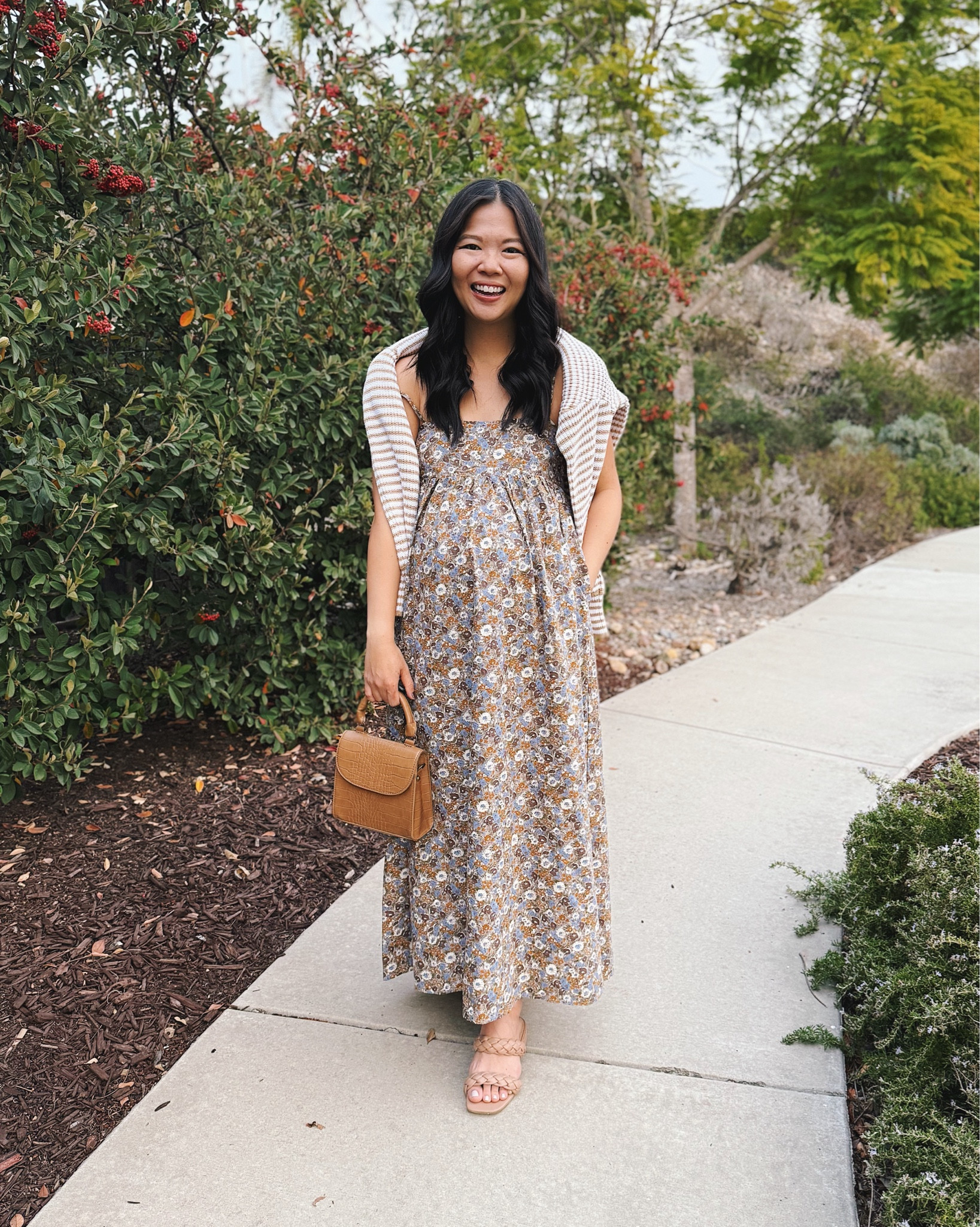Fall floral dress with pockets (XS)
Tan striped sweater (S)
Tan handbag 
Braided sandals
Petal & Pup dress
Bump friendly dress
Maternity outfit

#LTKStyleTip #LTKFindsUnder100 #LTKSeasonal