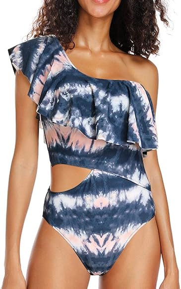 Women's Cutout Ruffled One Shoulder One Piece Swimsuit Bathing Suit Monokini Padded | Amazon (US)