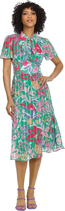 Maggy London Womens Dresses Floral Printed Neck Tie Short Sleeve Midi, Garden Green/Pink, 8 US at... | Amazon (US)