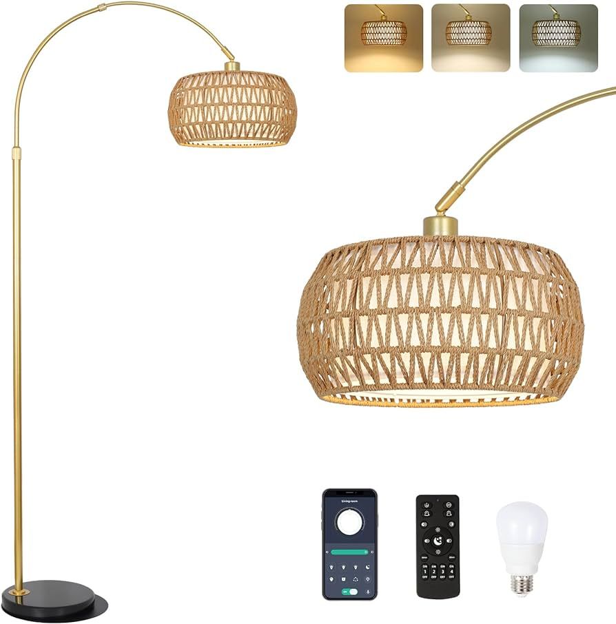 Gold Floor Lamps for Living Room, Arc Floor Lamp with Remote & Dimmable Bulb, Boho Rattan Standin... | Amazon (US)