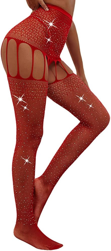 Sparkle Rhinestone Stockings Women Sexy Crystal Pantyhose Fishnet Tights | Amazon (US)