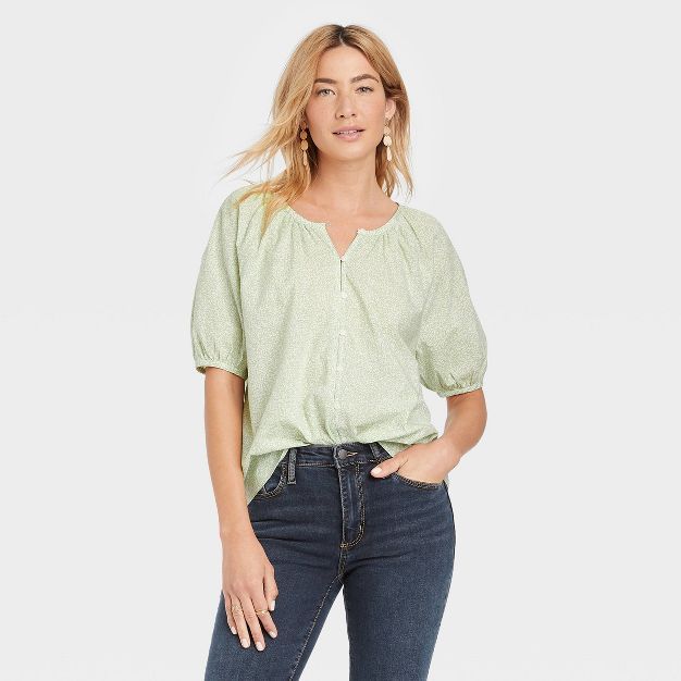 Women&#39;s Puff Short Sleeve Button-Front Blouse - Universal Thread&#8482; Green Floral M | Target