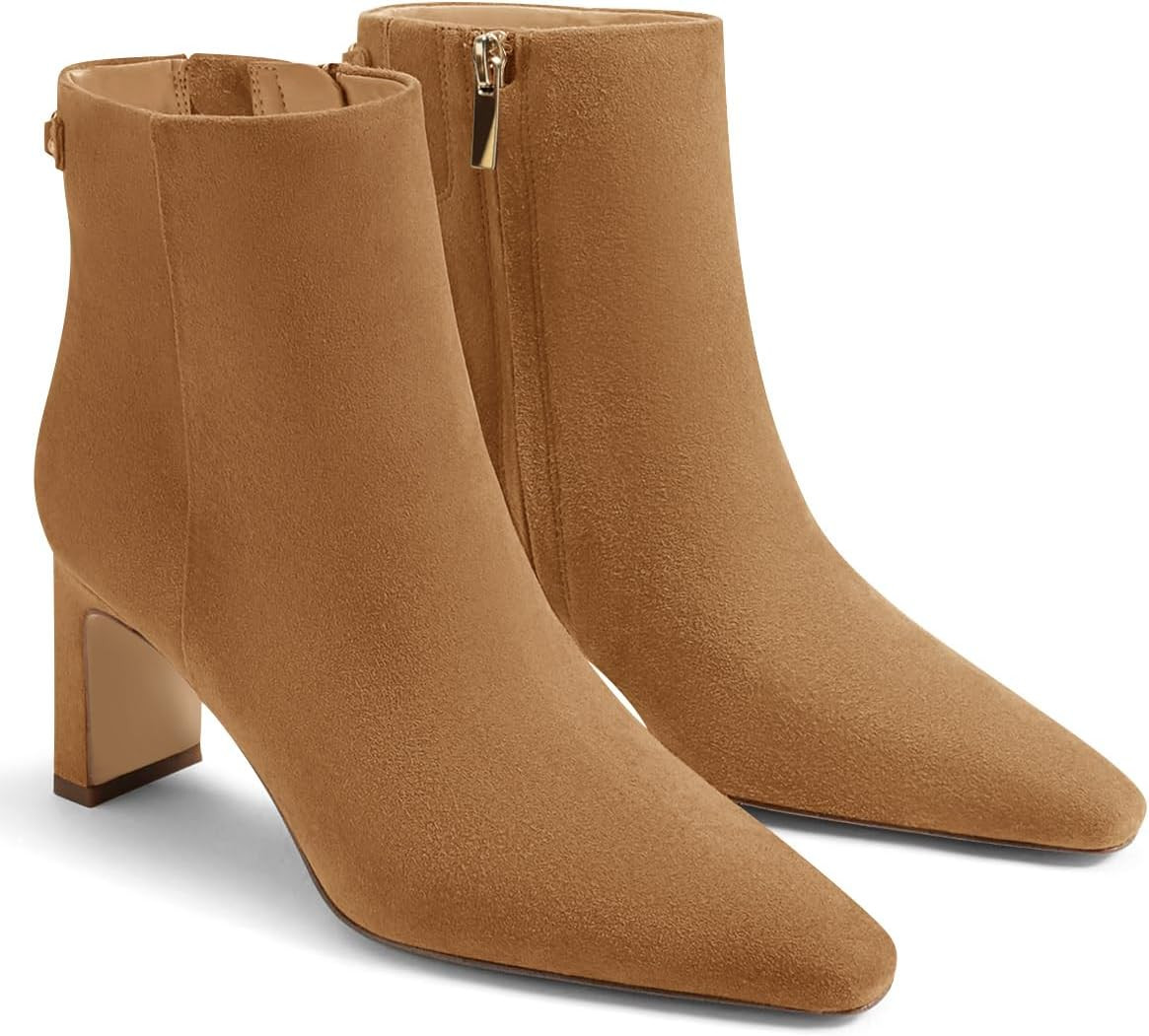Coutgo Womens Ankle Boots Chunky Heel Closed Toe Booties Side Zipper Winter Dress Shoes | Amazon (US)