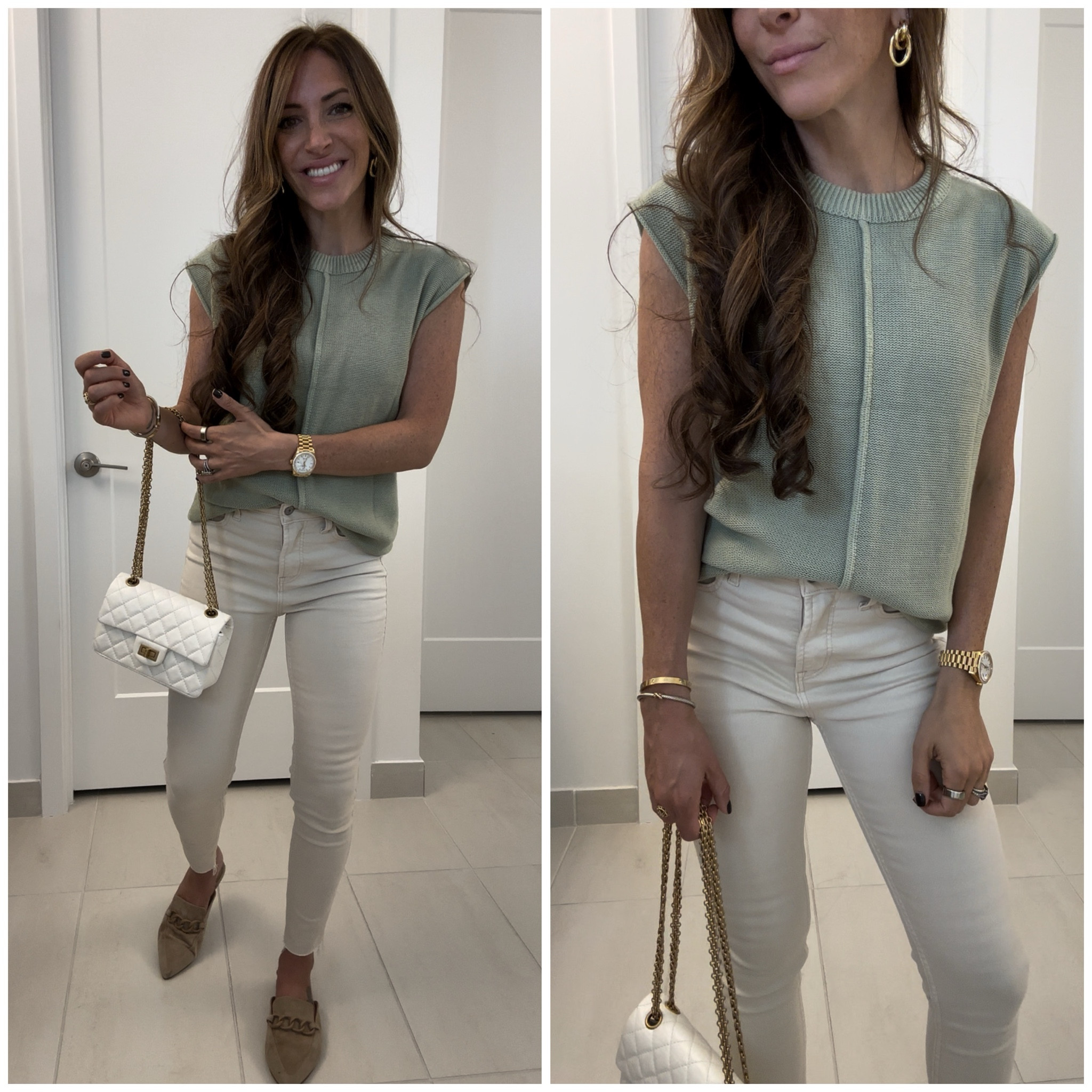 Wearing a sage green short sleeve sweater, ecru jeans, tan suede mules, chunky gold earrings, chanel mini reissue 

#LTKSaleAlert #LTKFindsUnder100 #LTKSeasonal