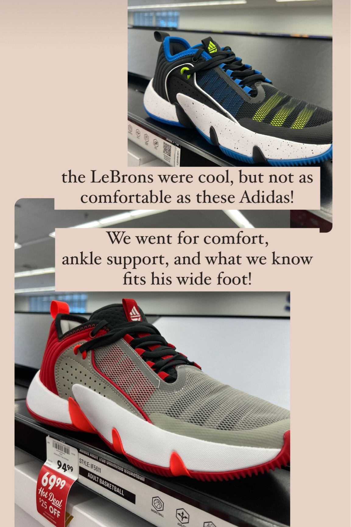 Adidas basketball shoes ON SALE at Academy! These Trae Young shoes are the ones Bryce picked. Good bounce, ankle support, and a wide foot! Adidas is always our go to for basketball shoes. These were originally $95 now $69! 