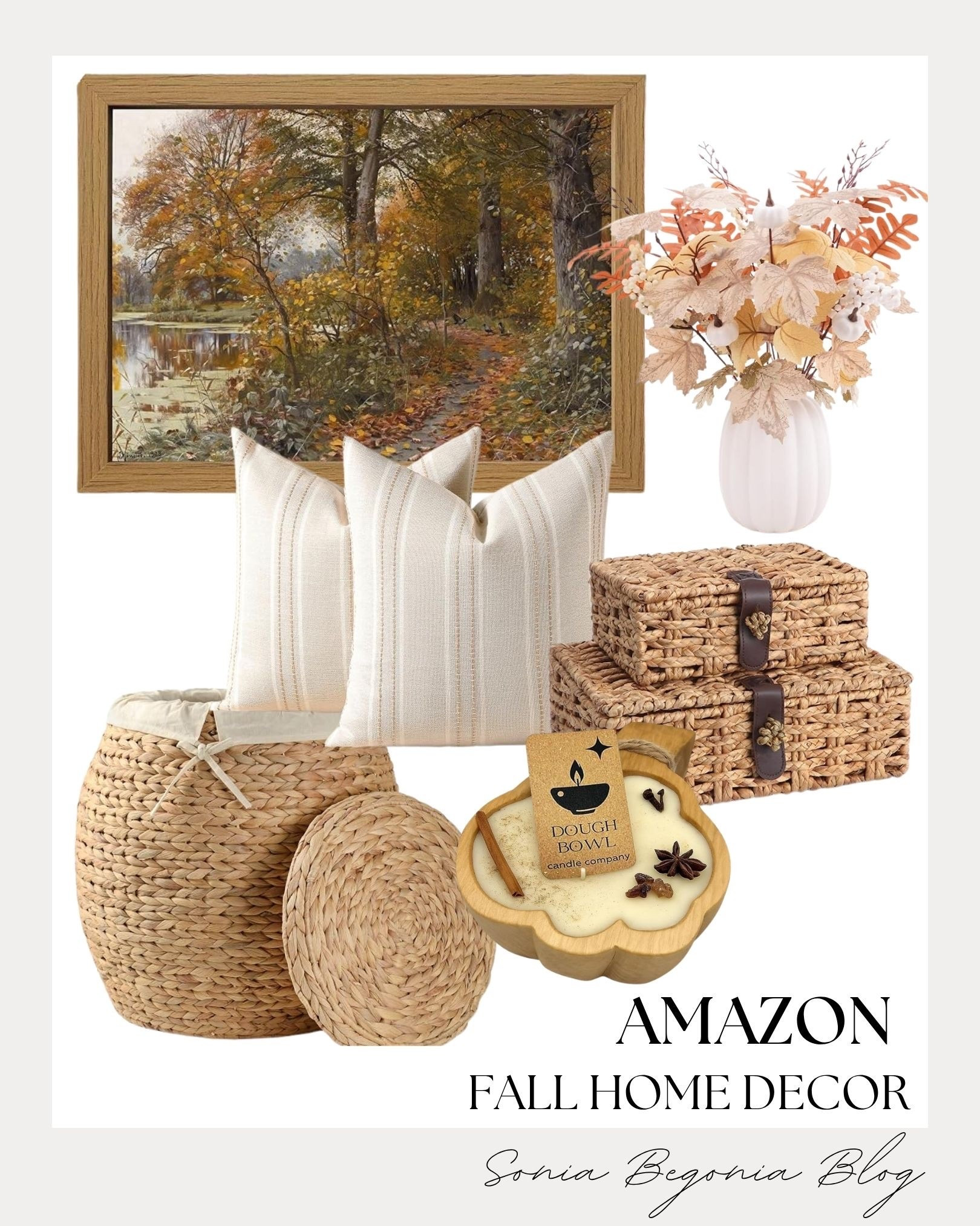 Cozy autumn touches to refresh your space! 🍂

Loving these warm neutral home finds—from woven storage baskets to scenic framed wall art and textured throw pillows.
A pumpkin dough bowl candle and soft faux stems bring subtle, charming fall warmth to any room without clutter. ✨

#AmazonHome #FallHomeDecor #CozyHome #AutumnVibes #NeutralDecor #LTKhome #HomeInspo #DecorFinds #WarmAesthetics #InteriorStyling

#LTKHome #LTKSeasonal